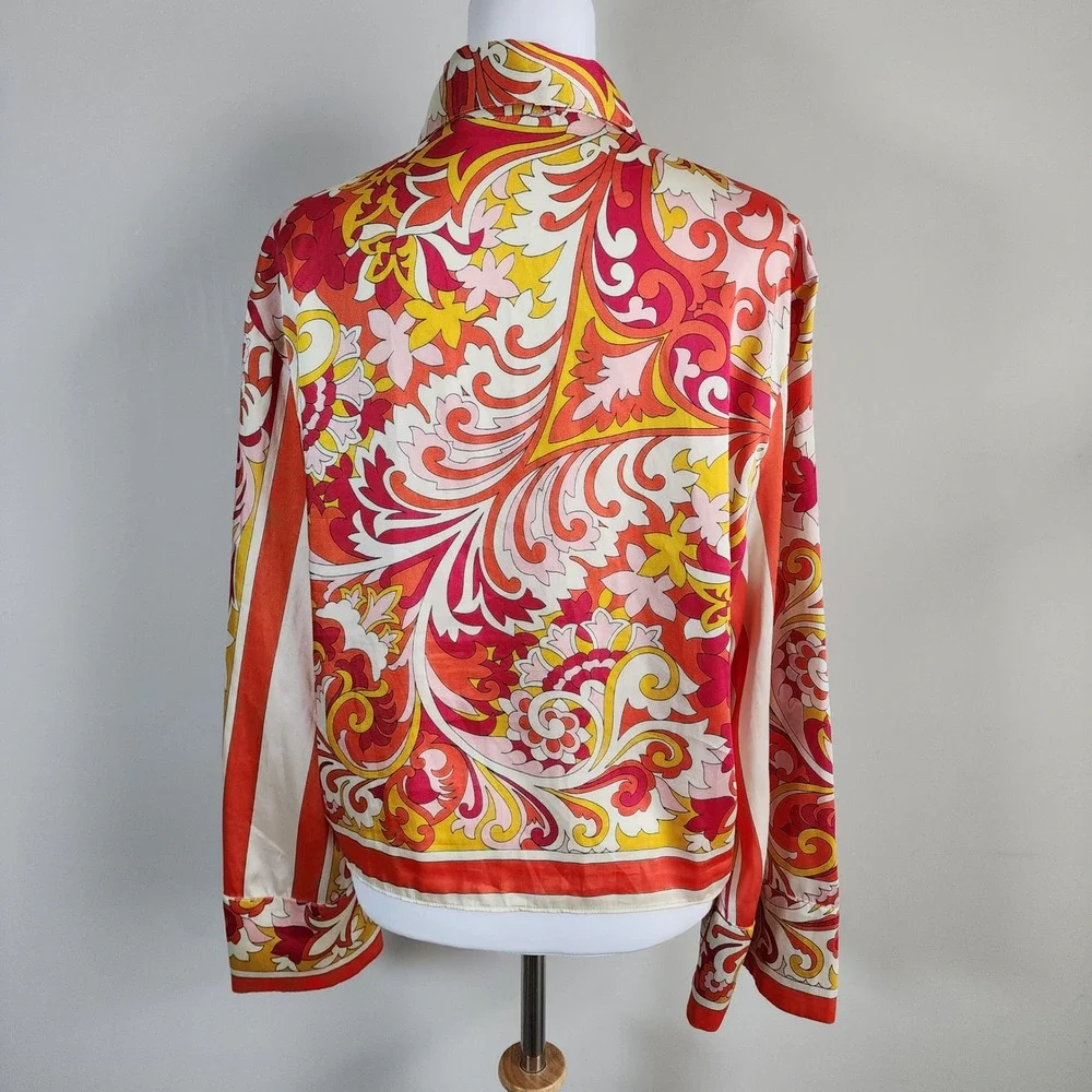 Zara Tie Front Blouse Womens XL Psychedelic Retro Floral Boho Festival Orange - Picture 4 of 14